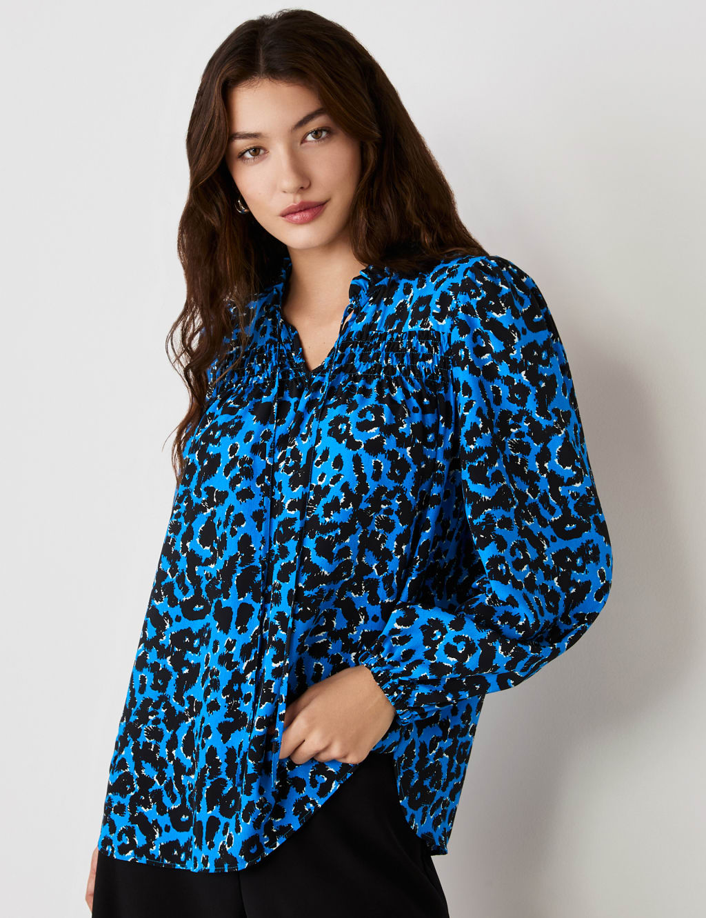 Crepe Animal Print Tie Neck Popover Blouse 4 of 4