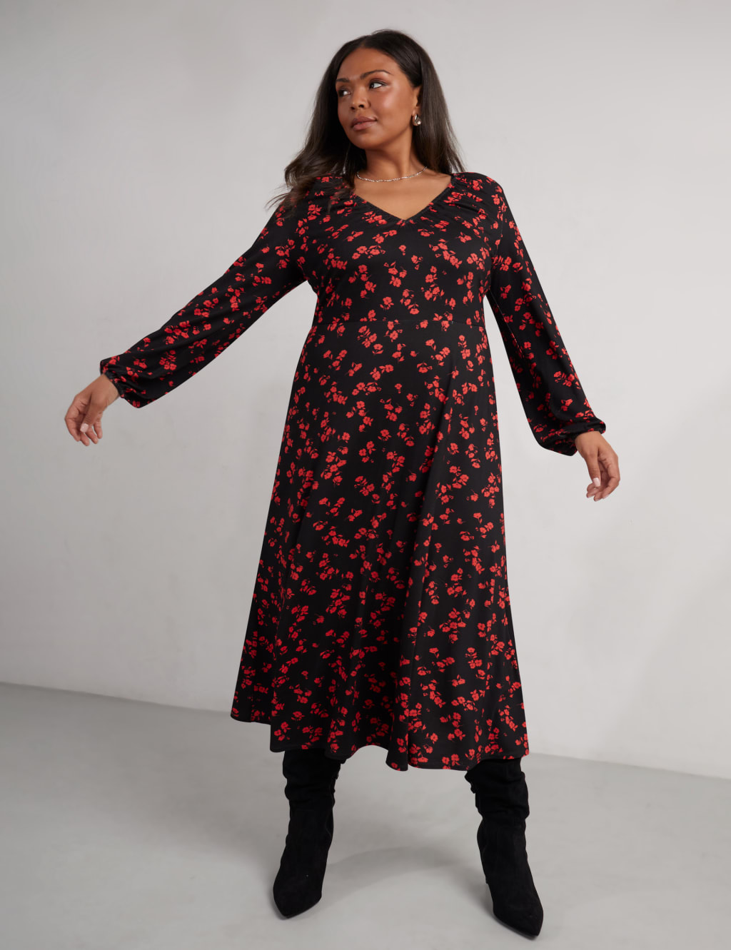 Jersey Floral V-Neck Midi Swing Dress 2 of 4