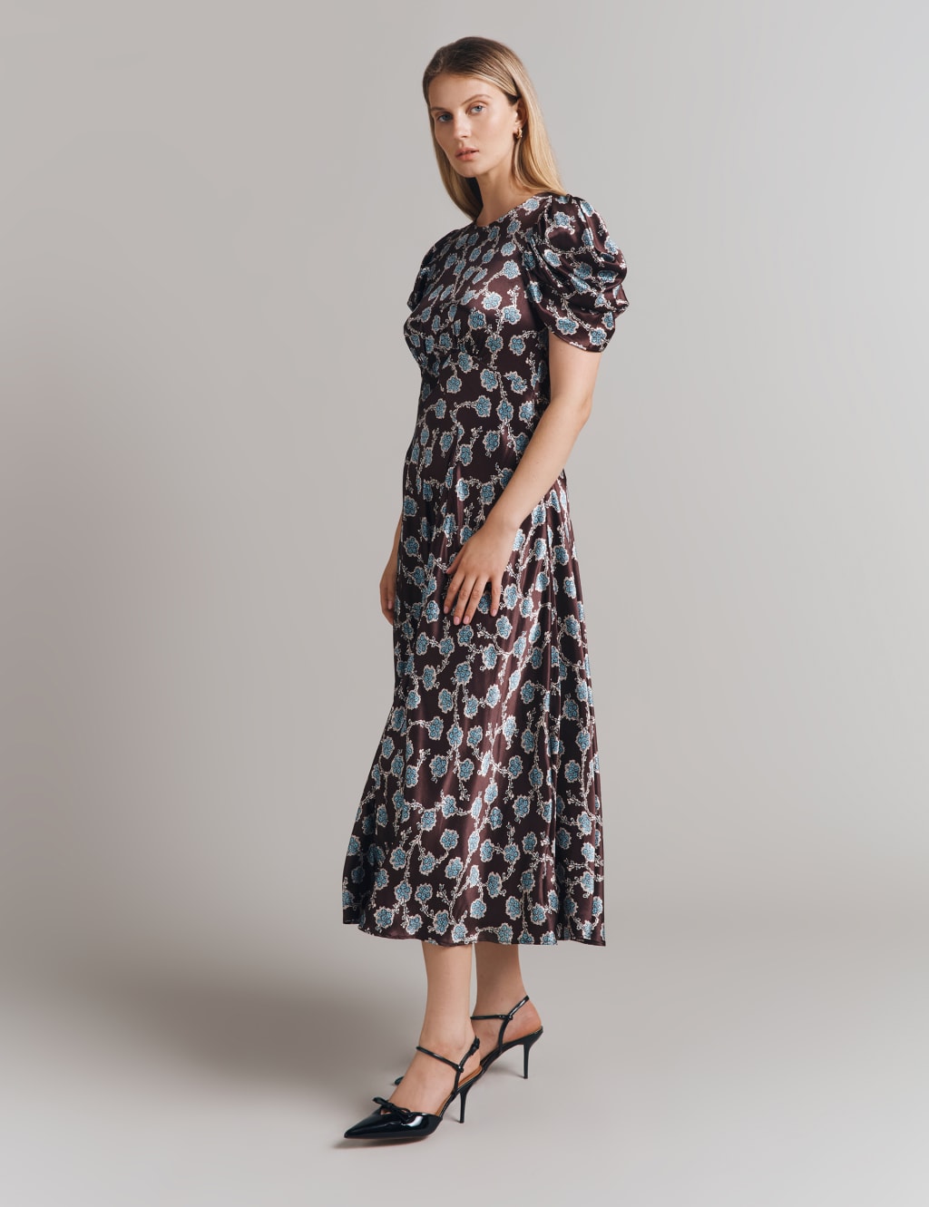 Satin Floral Round Neck Midi Skater Dress 3 of 4