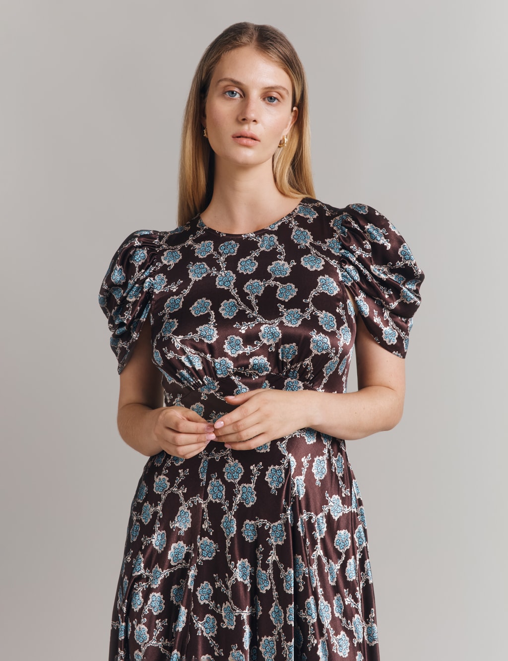 Satin Floral Round Neck Midi Skater Dress 4 of 4