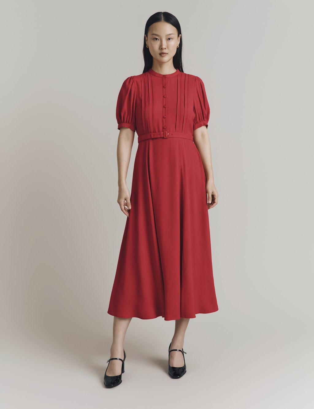 Satin Crepe Belted Midi Tea Dress