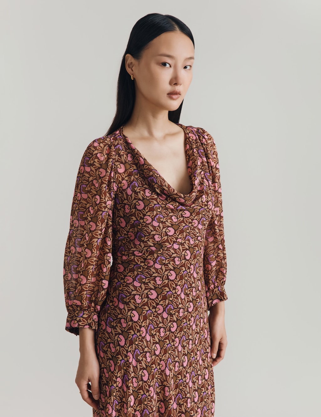 Floral Print Cowl Neck Midi Waisted Dress 3 of 4