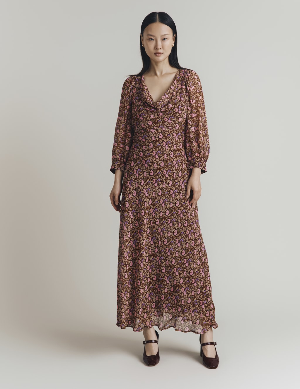 Floral Print Cowl Neck Midi Waisted Dress 4 of 4