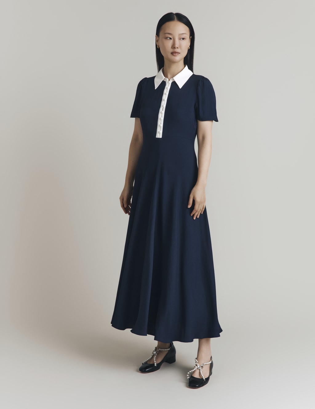 Satin Contrast Collar Midi Shirt Dress 3 of 4