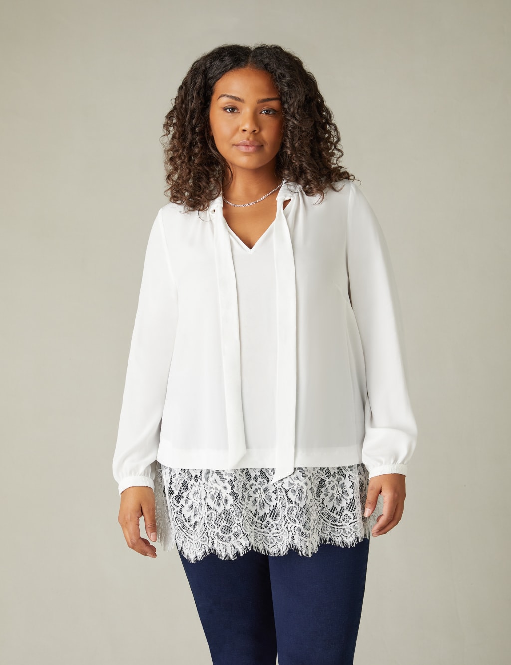 Relaxed Tie Neck Lace Detail Tunic Live Unlimited London M S
