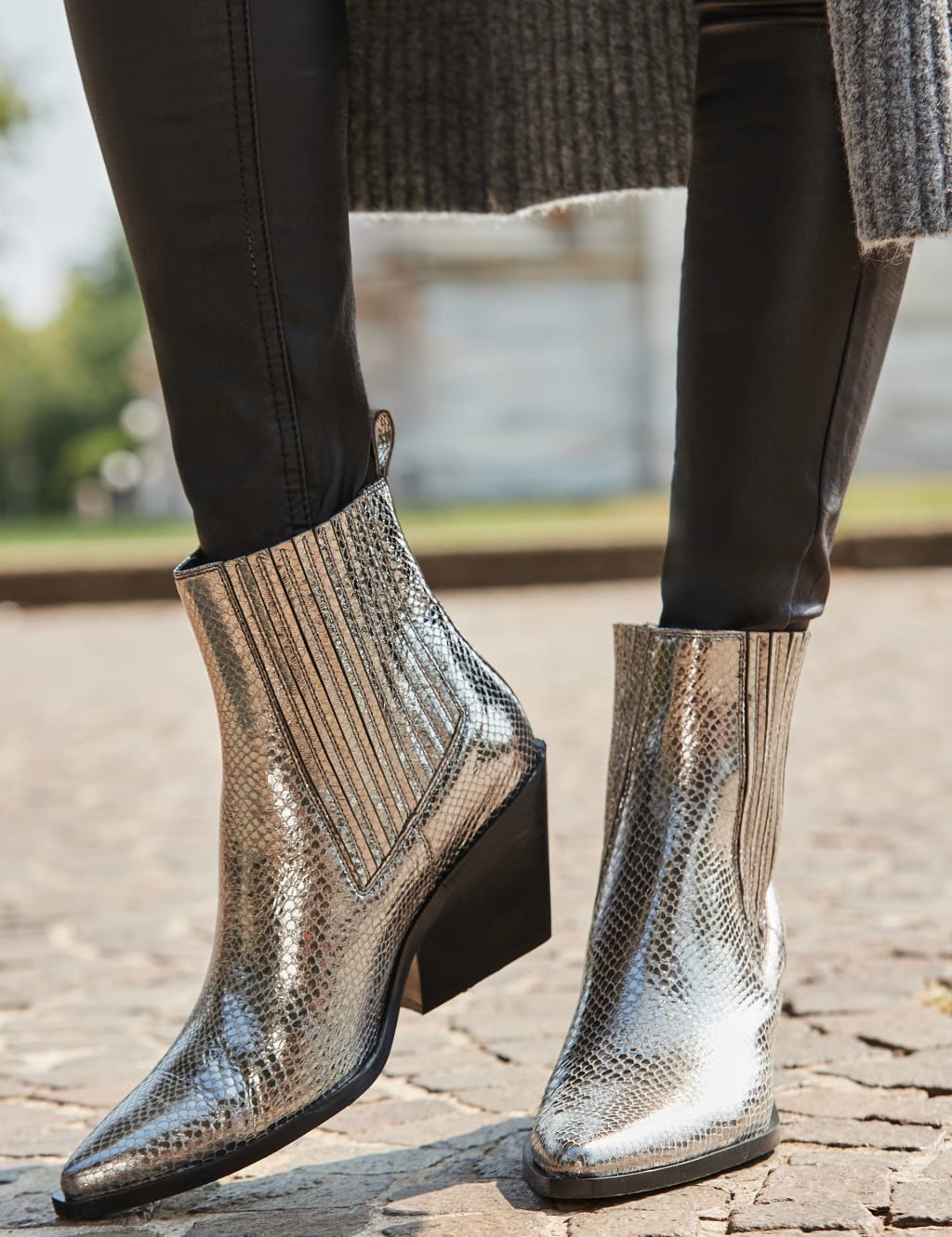 Leather Block Heel Pointed Ankle Boots