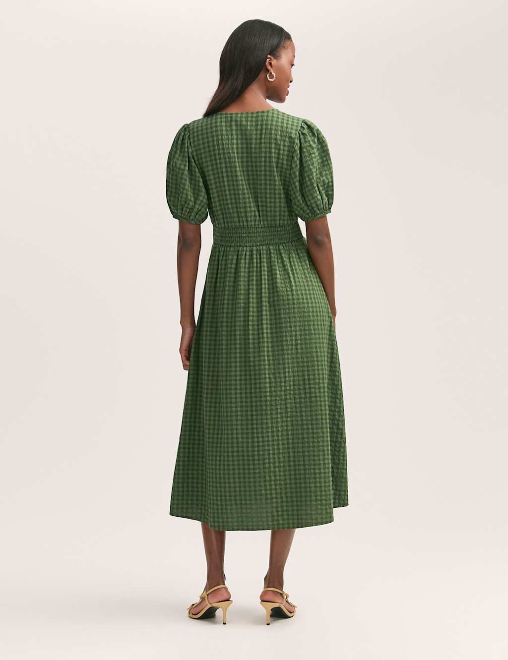 Cotton Blend Gingham V-Neck Midi Tea Dress 2 of 4