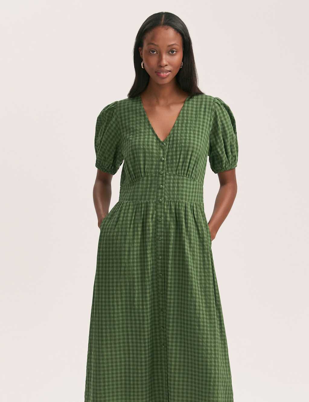 Cotton Blend Gingham V-Neck Midi Tea Dress 3 of 4