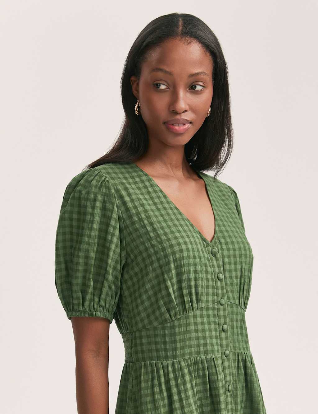 Cotton Blend Gingham V-Neck Midi Tea Dress 4 of 4