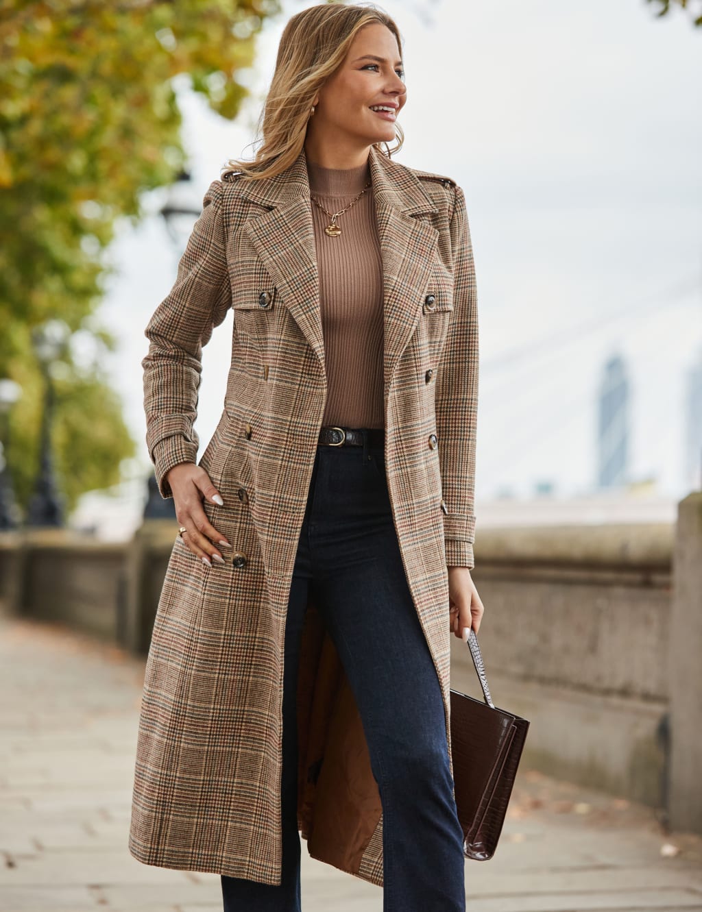Checked Trench Style Coat with Cotton 3 of 5