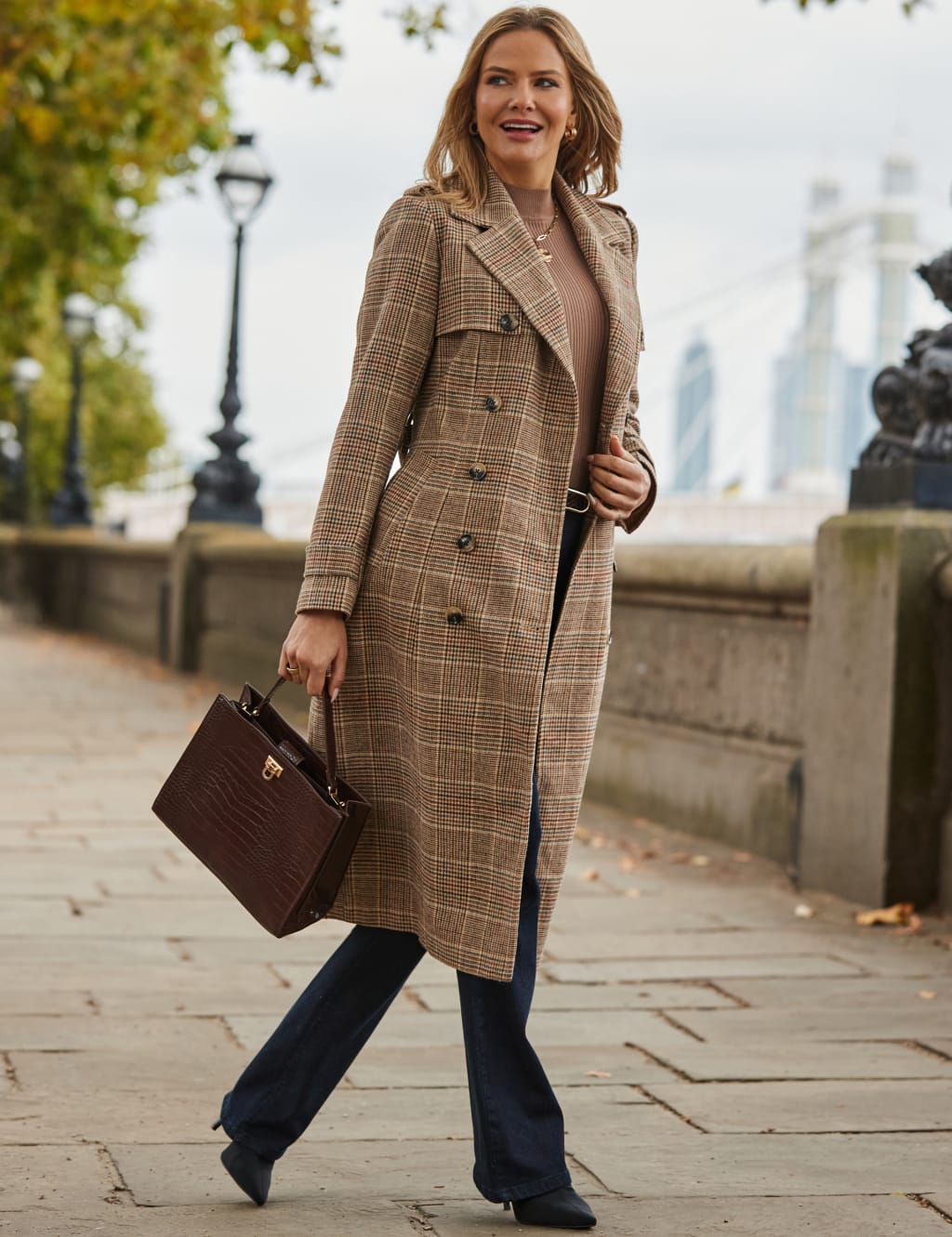 Checked Trench Style Coat with Cotton 4 of 5
