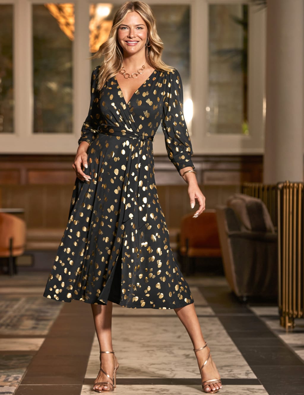Foil Spot V Neck Midi Wrap Dress