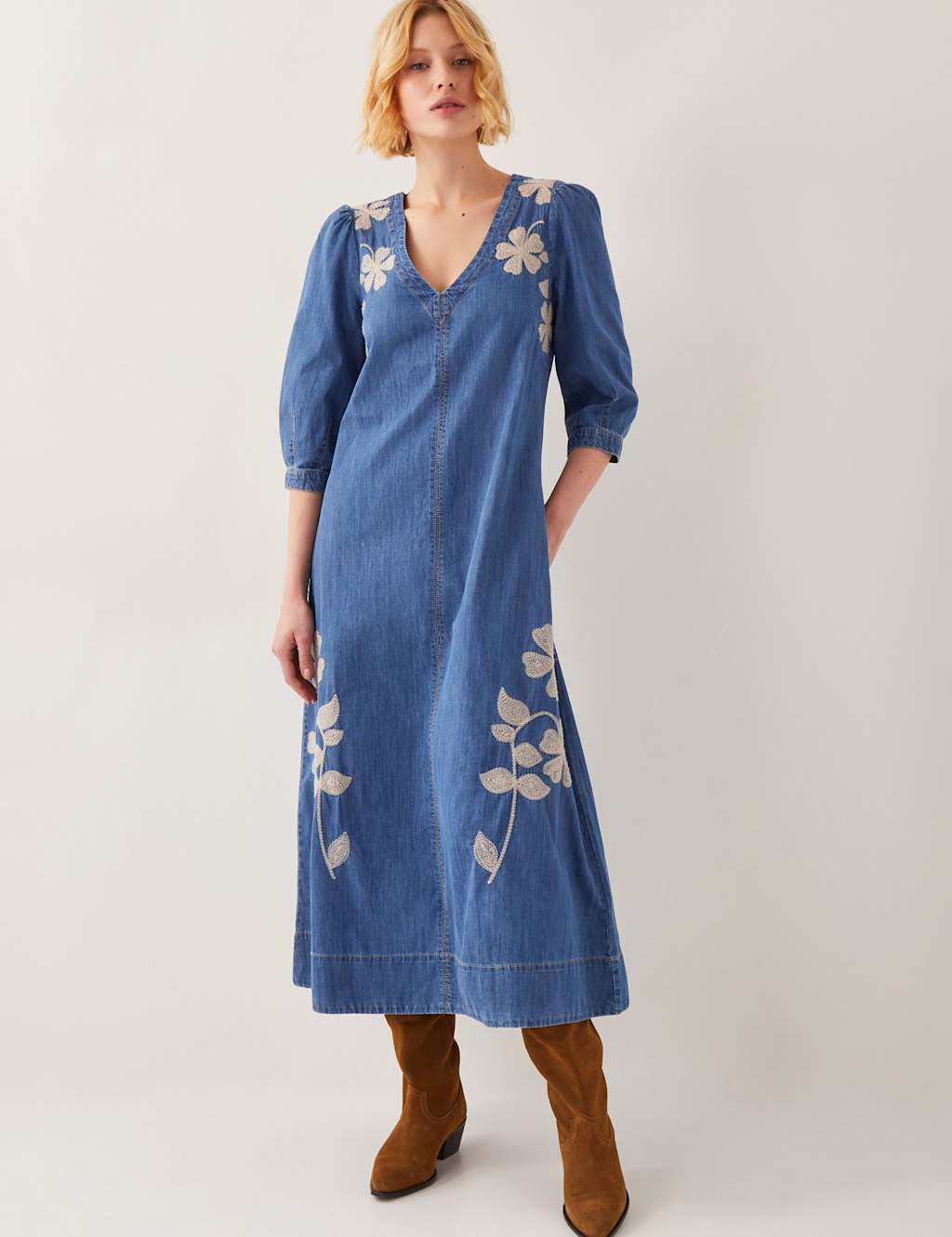 Pure Cotton Embroidered V-Neck Midaxi Dress 1 of 5