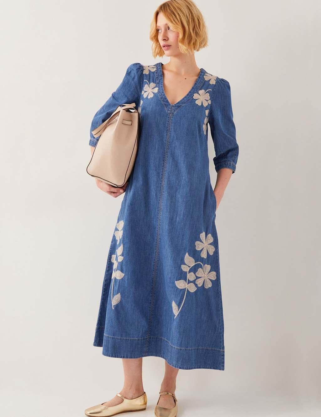 Pure Cotton Embroidered V-Neck Midaxi Dress 4 of 5