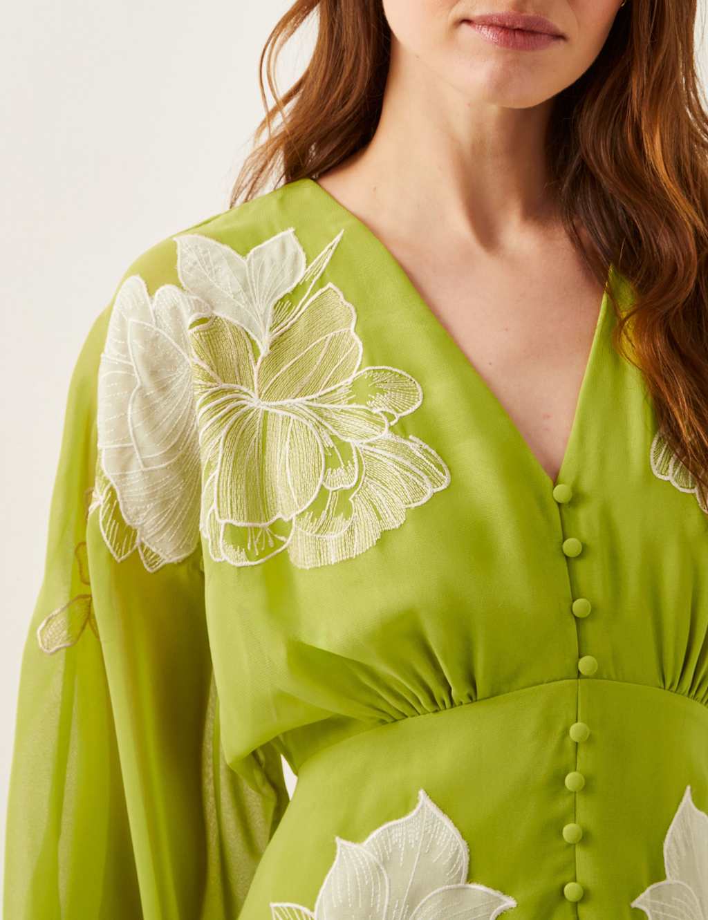 Embroidered V-Neck Midi Waisted Dress 3 of 4