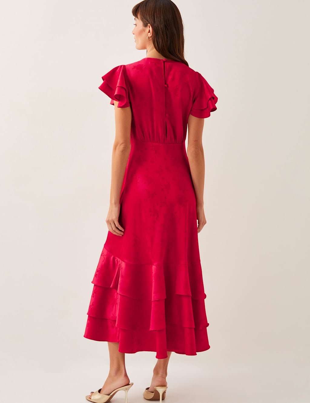 Satin Round Neck Ruffle Midi Waisted Dress 2 of 4