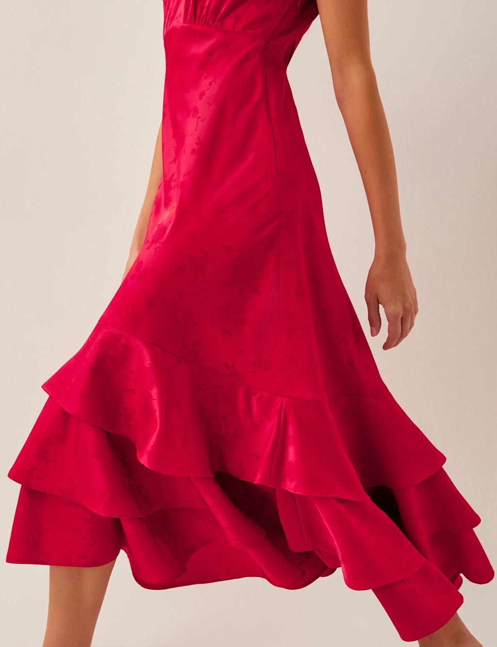 Satin Round Neck Ruffle Midi Waisted Dress 3 of 4