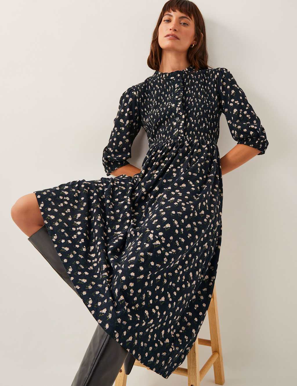 Jersey Floral Midi Shirred Waisted Dress 3 of 6