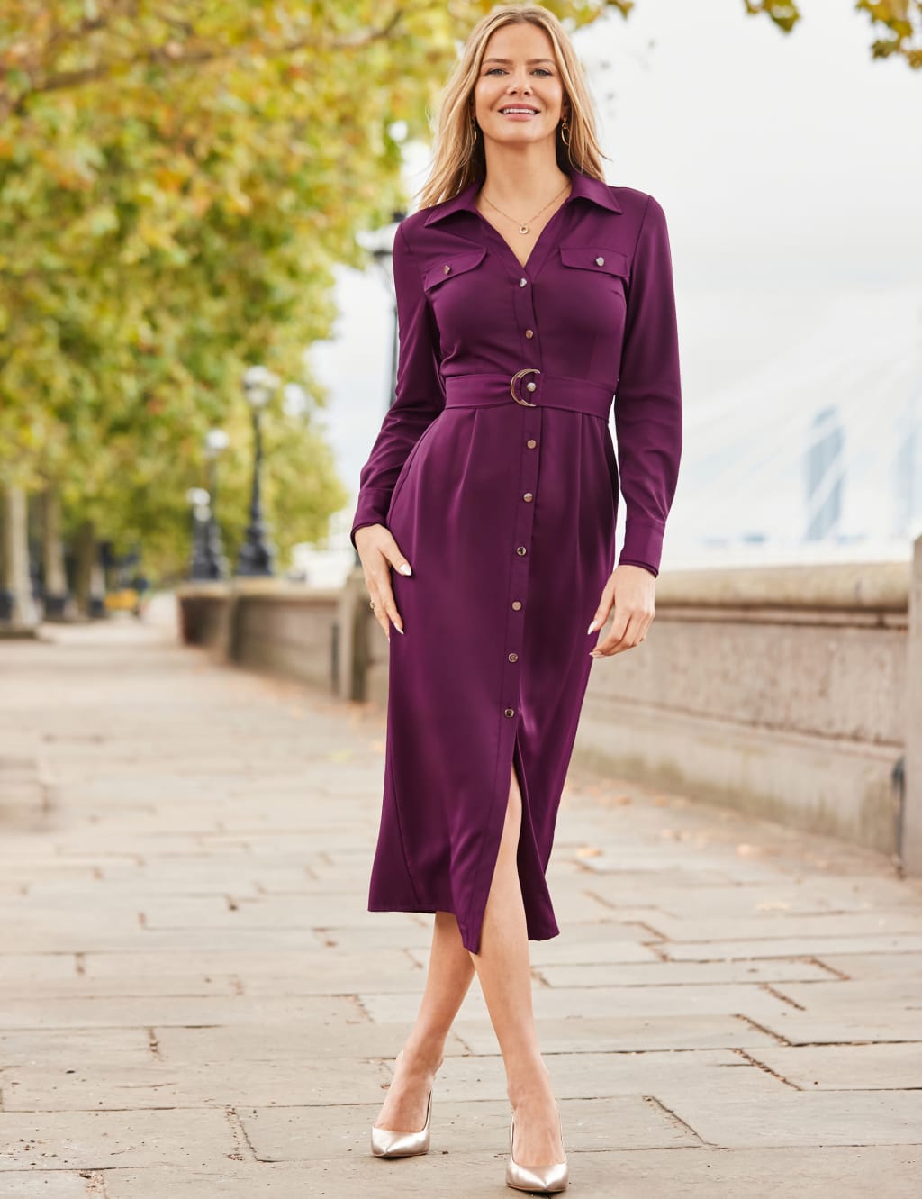 Belted Button Front Midi Utility Shirt Dress SOSANDAR M S