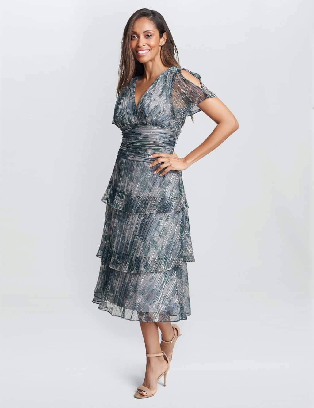 Floral V Neck Midi Tiered Dress Gina Bacconi M S