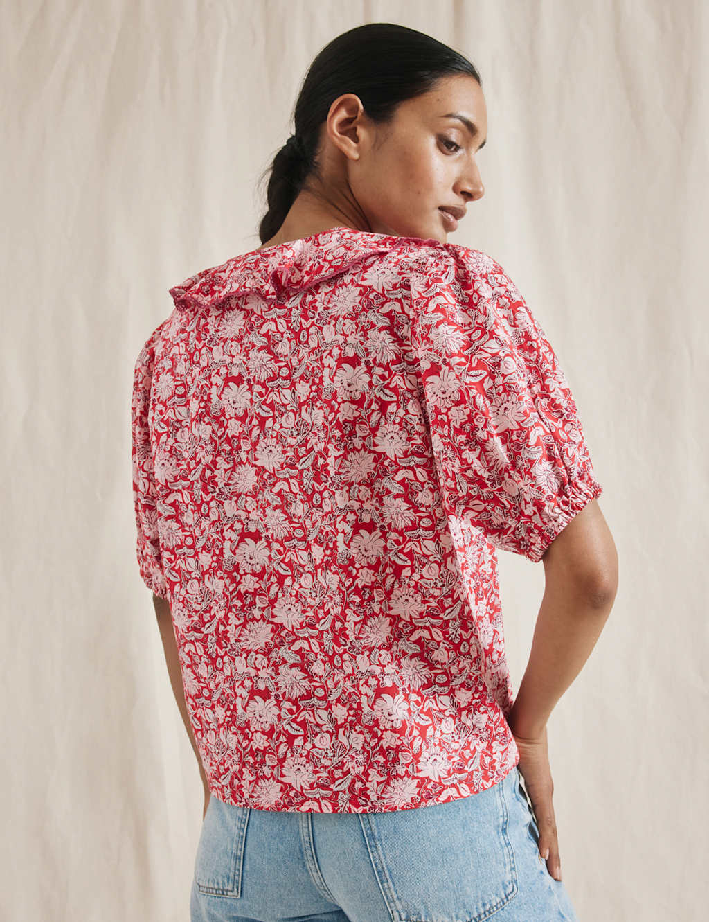 Pure Cotton Woodblock Print Frill Neck Top 3 of 4