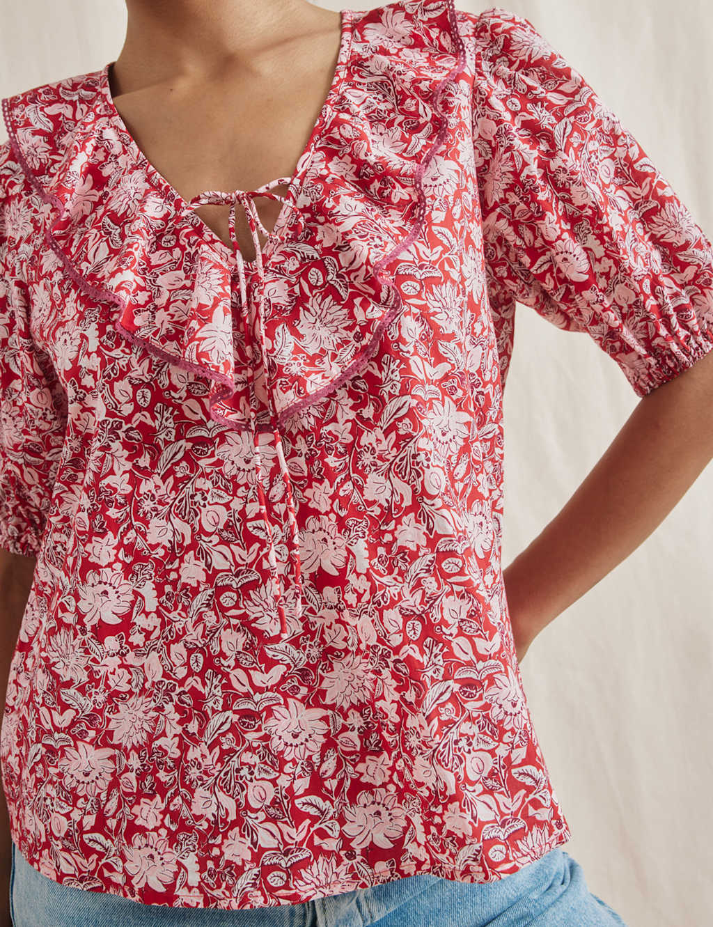 Pure Cotton Woodblock Print Frill Neck Top 4 of 4