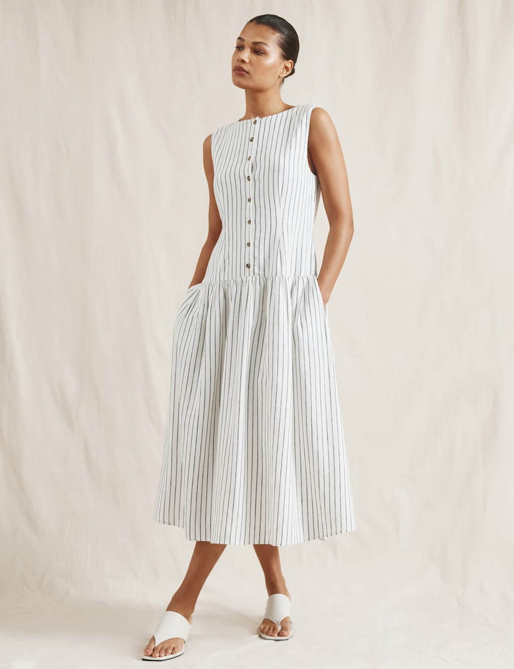 Linen Blend Striped Midi Skater Dress 3 of 6