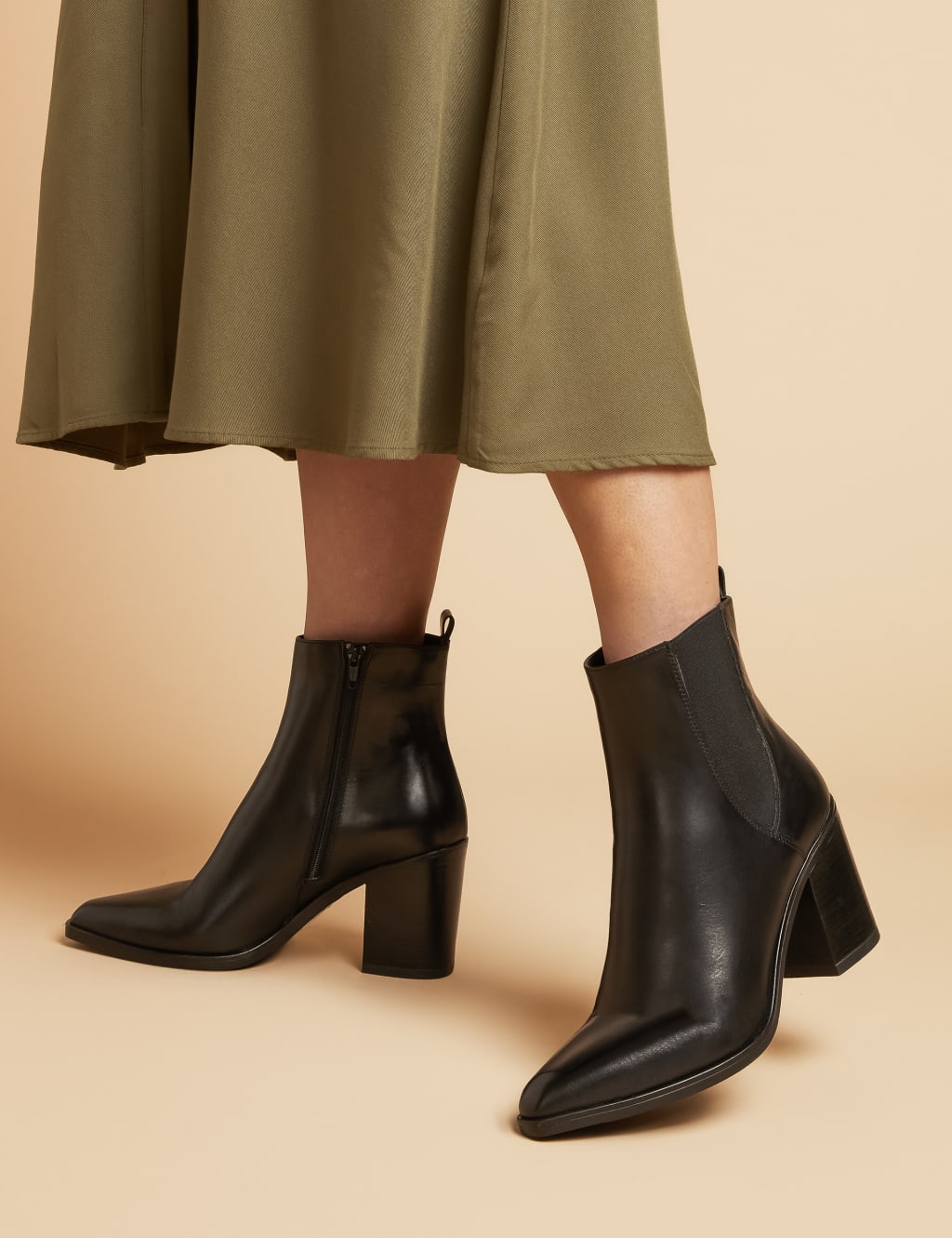 Leather Block Heel Pointed Ankle Boots
