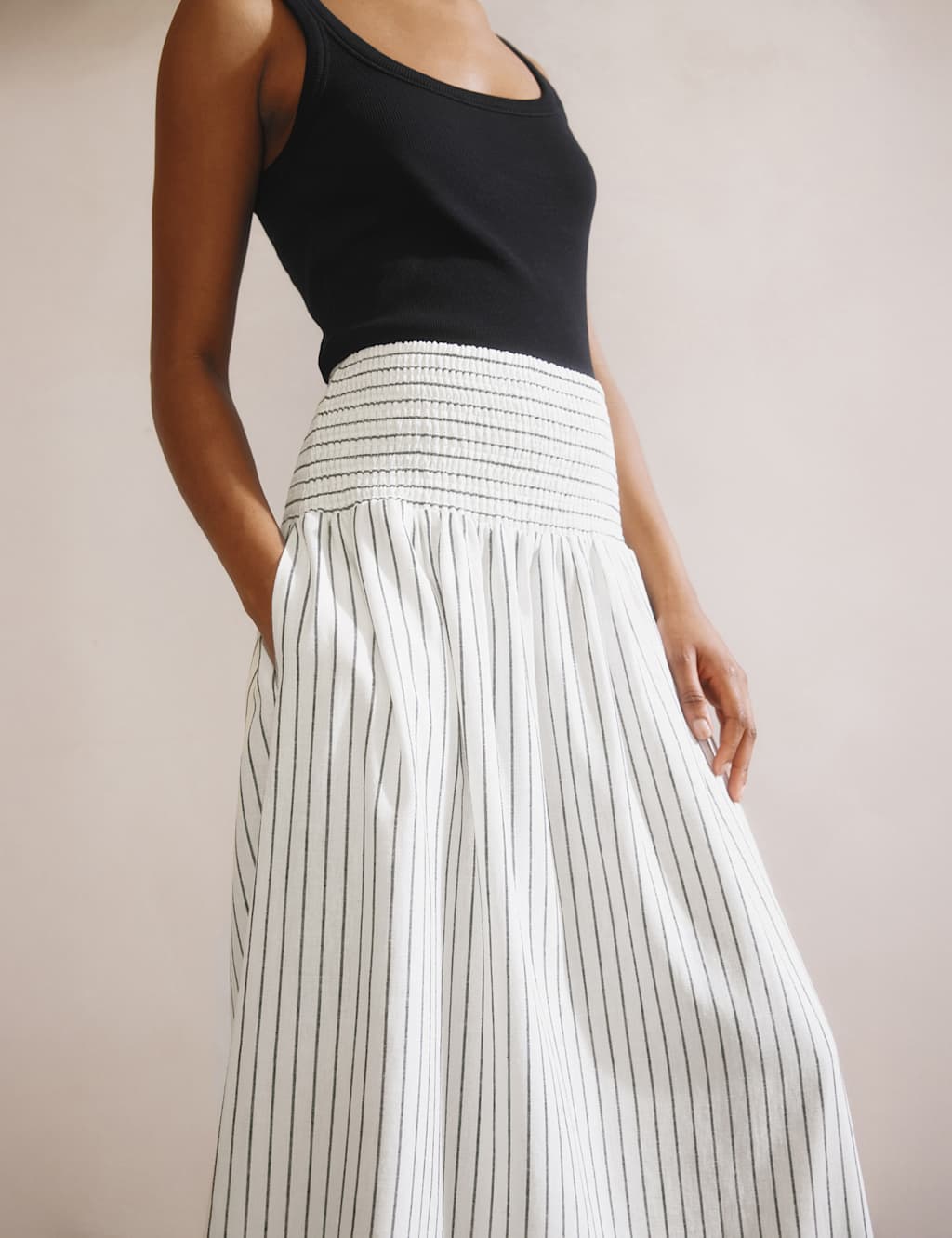 Linen Blend Striped Midi A-Line Skirt 4 of 5