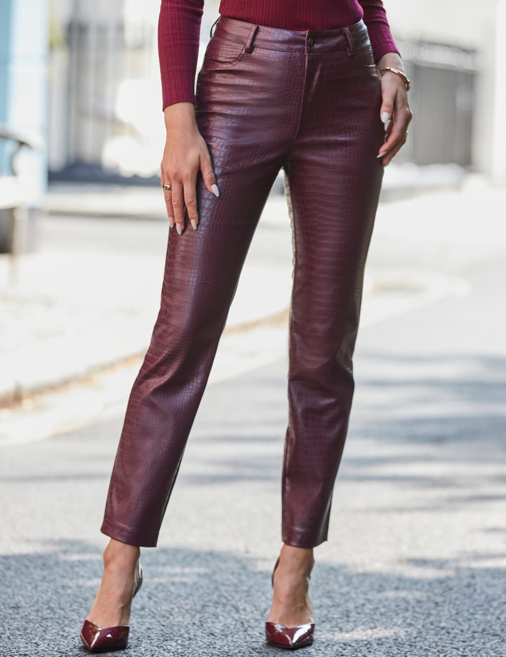 Leather Look Croc Straight Leg Trousers SOSANDAR M S