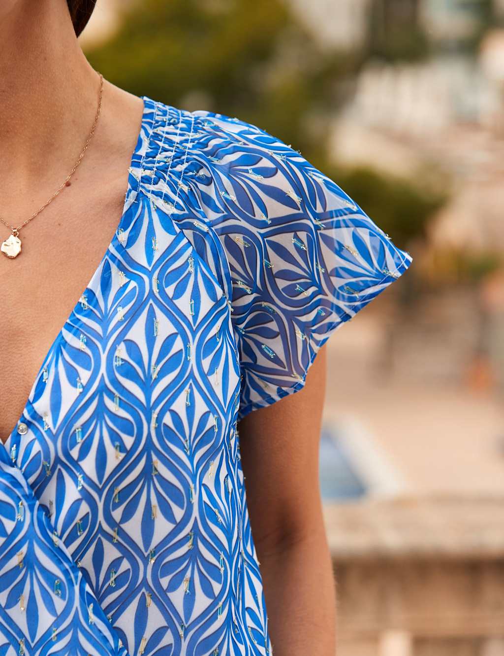 Printed Metallic V-Neck Shirred Wrap Top 5 of 5