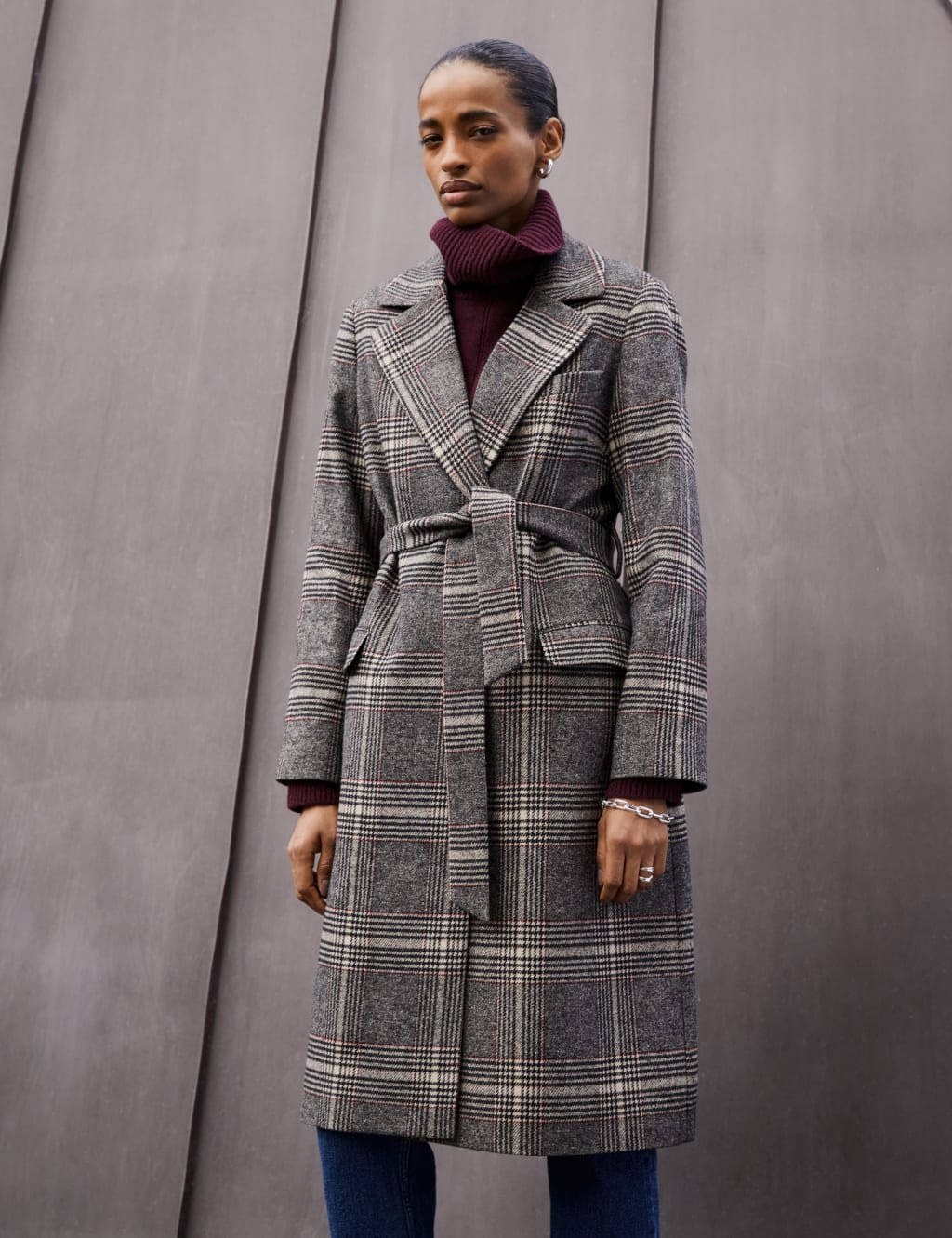 Checked Longline Trench Style Coat with Wool 1 of 6