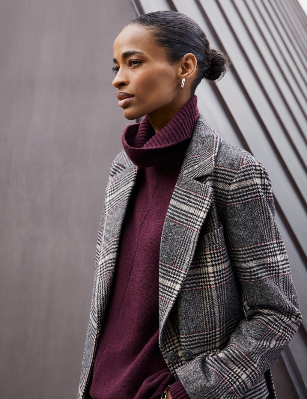 Checked Longline Trench Style Coat with Wool 4 of 6