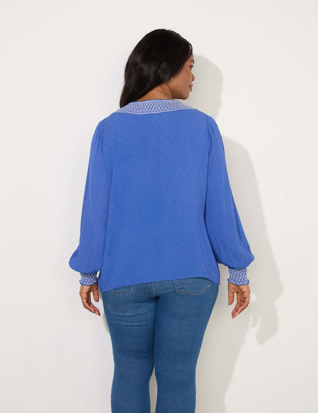 Embroidered Collared Tie Front Shirred Blouse 3 of 3