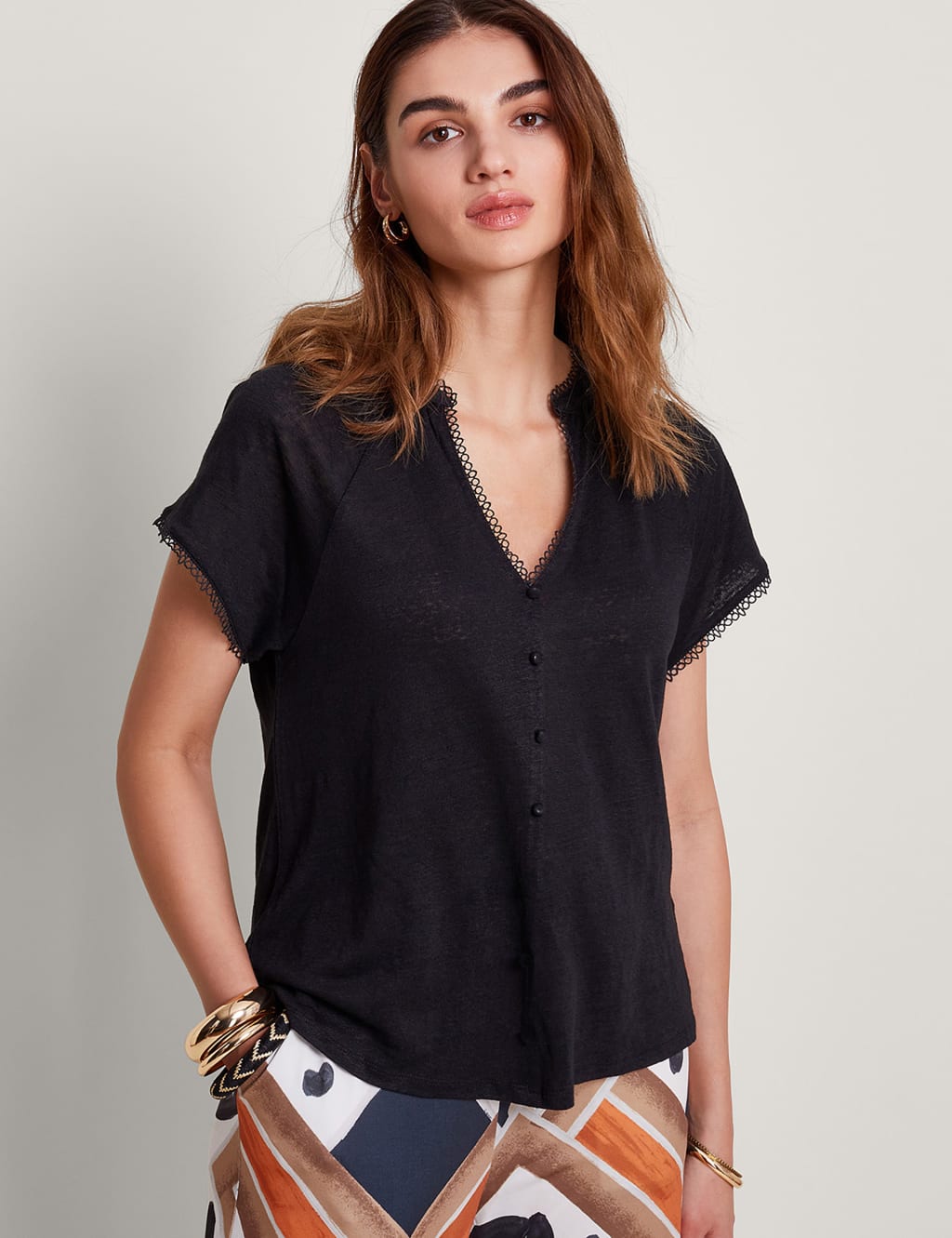 Pure Linen Lace Detail T Shirt Monsoon M S