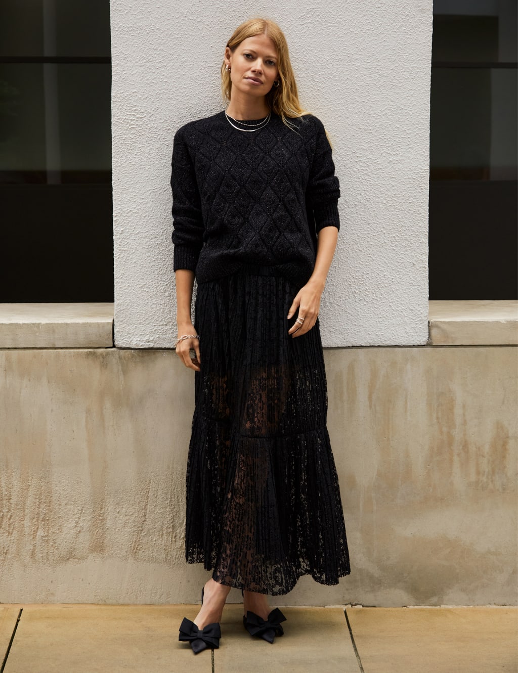 Lace Pleated Midi Tiered A Line Skirt