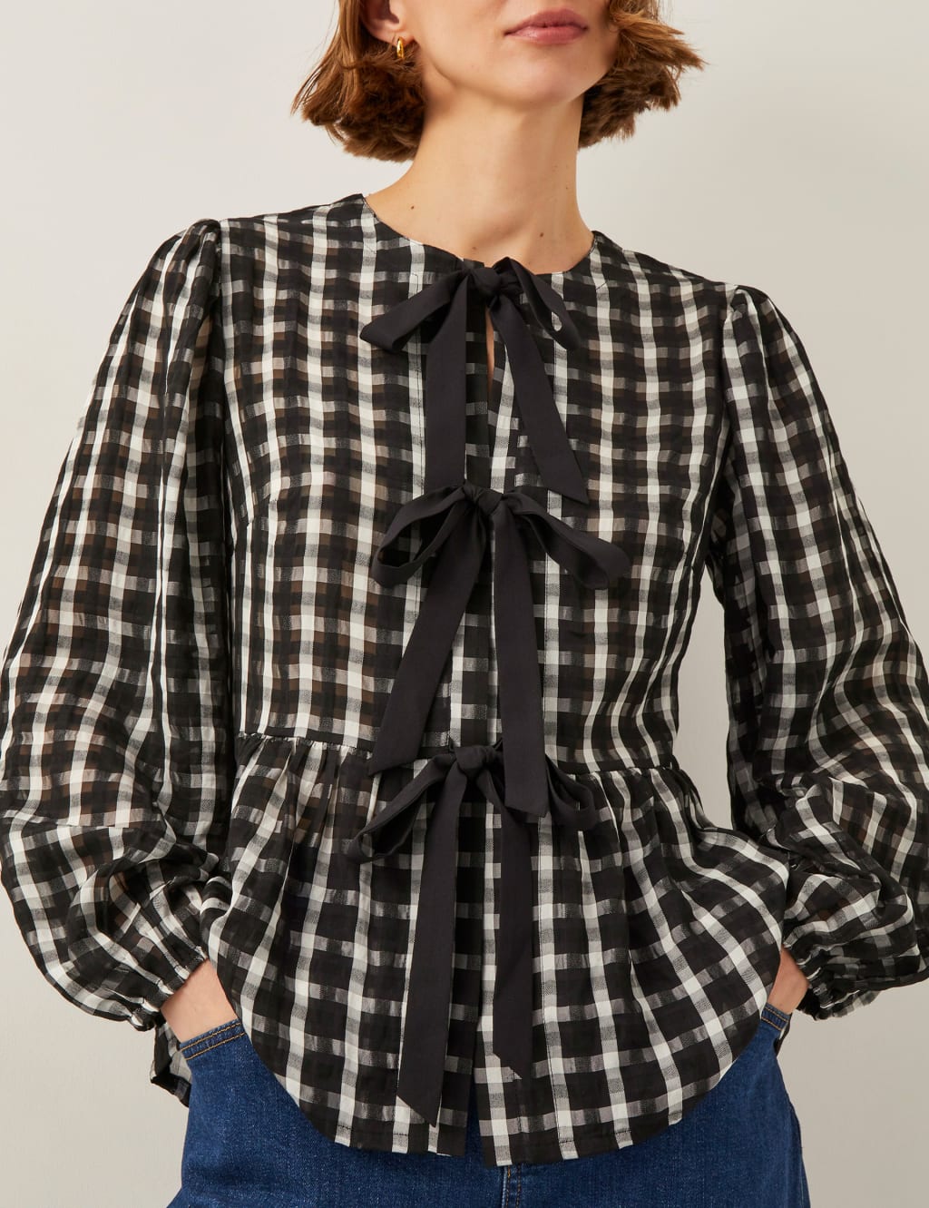 Checked Tie Front Peplum Blouse 2 of 4