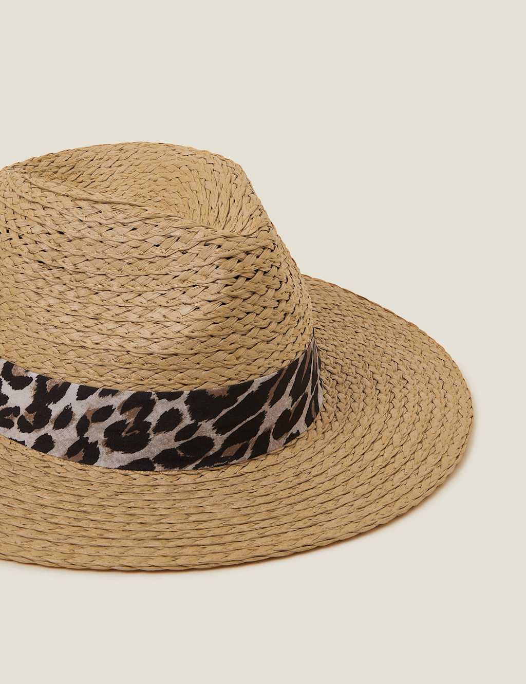 Woven Straw Leopard Trim Fedora Hat 3 of 3