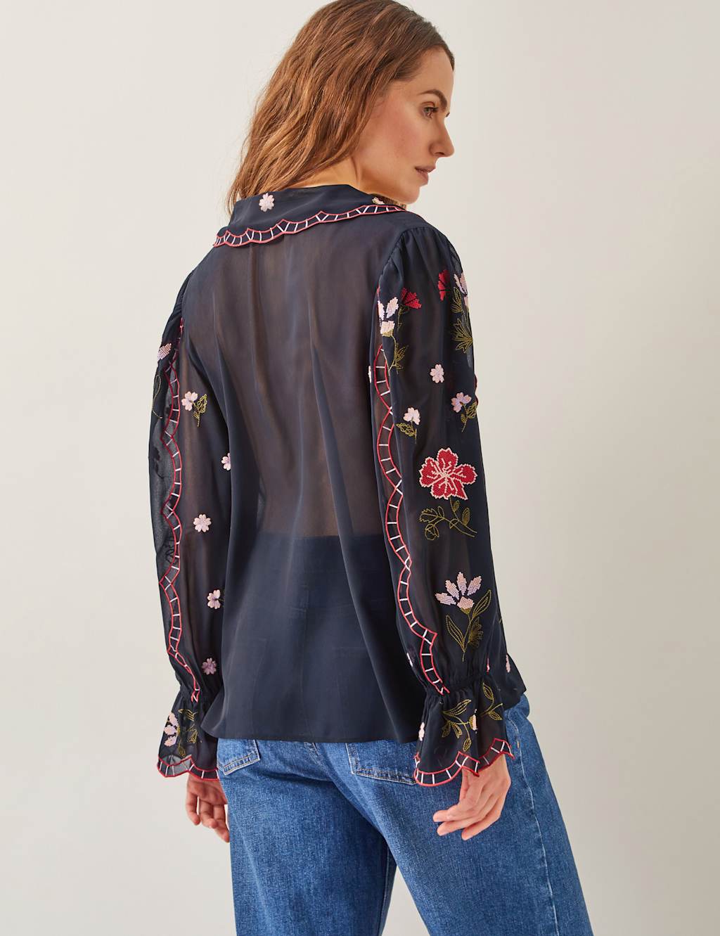 Sheer Embroidered Oversized Collared Blouse 3 of 4