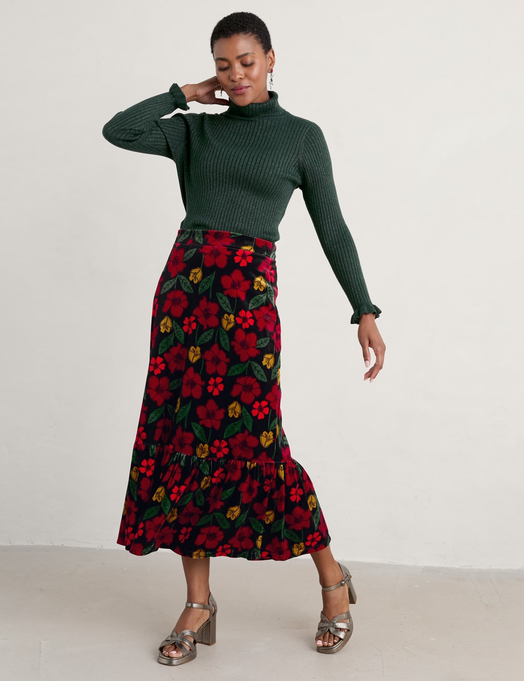 Velvet Floral Midi A Line Skirt