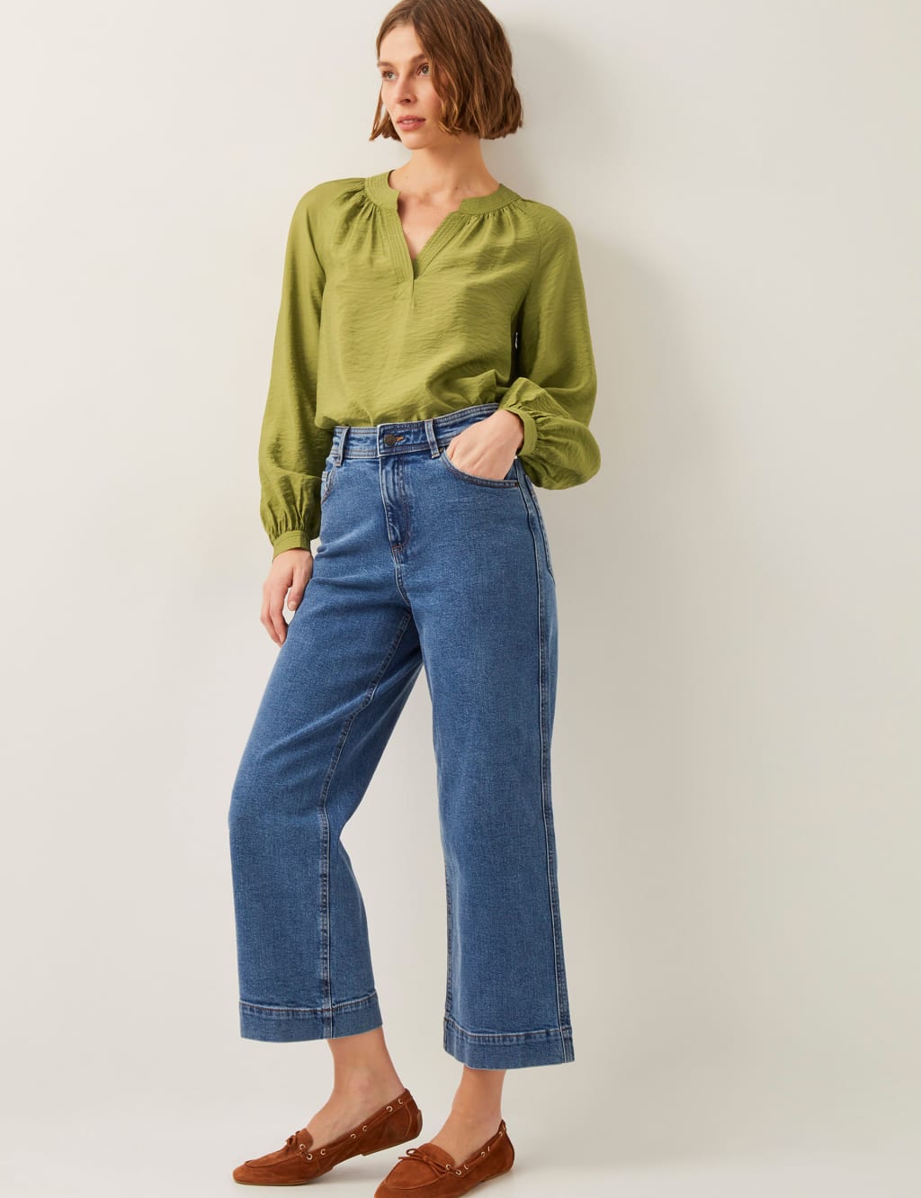 Cotton Rich V-Neck Blouson Sleeve Blouse 3 of 4