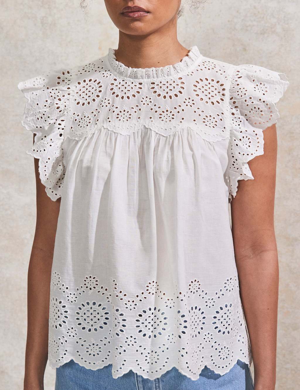 Pure Cotton Broderie Frill Detail Top 3 of 4
