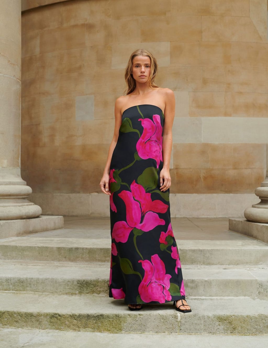 Satin Floral Bandeau Maxi Column Dress