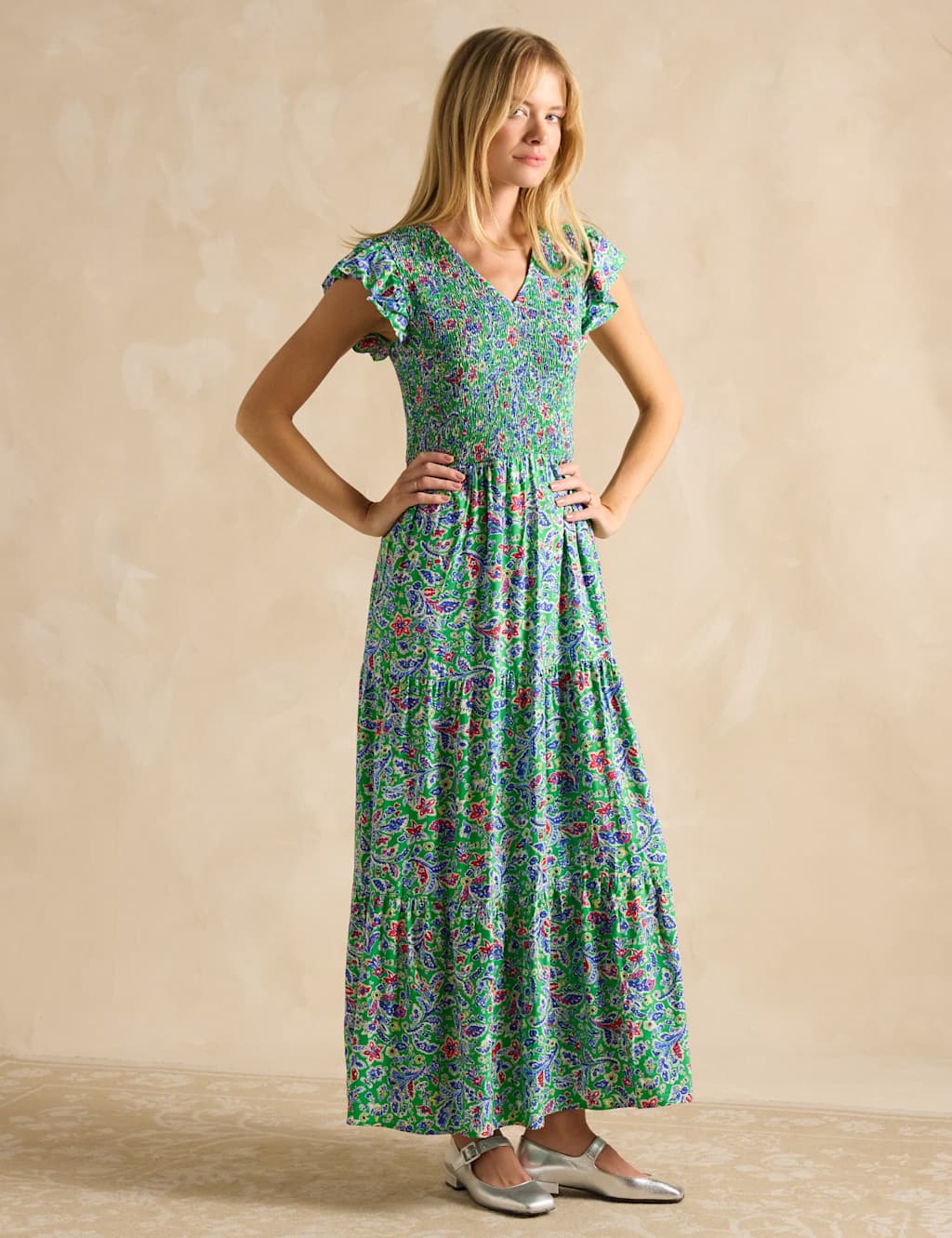 Floral Shirred V-Neck Maxi Tiered Dress 3 of 6