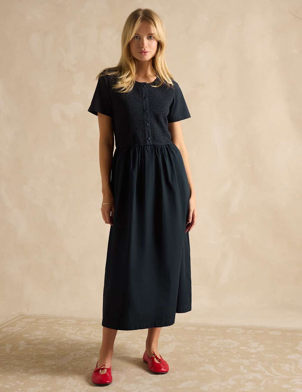 Pure Cotton Shirred Waisted Midaxi Dress 3 of 7