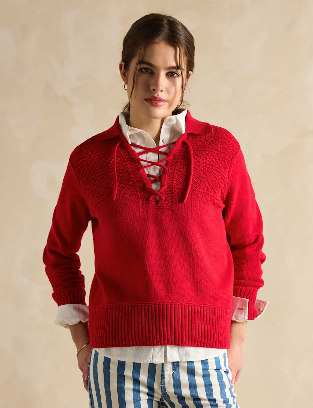 Pure Cotton Textured Lace Up Collared Jumper 3 of 7