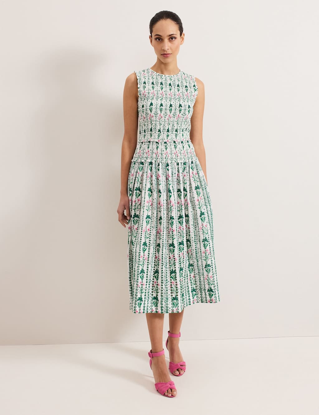 Pure Cotton Floral Shirred Midi Dress 1 of 7