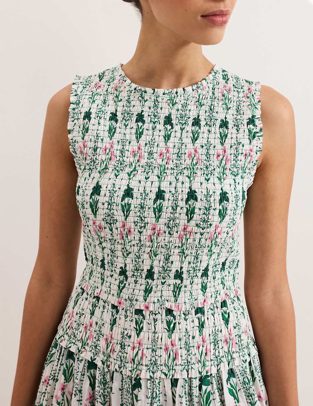Pure Cotton Floral Shirred Midi Dress 4 of 7