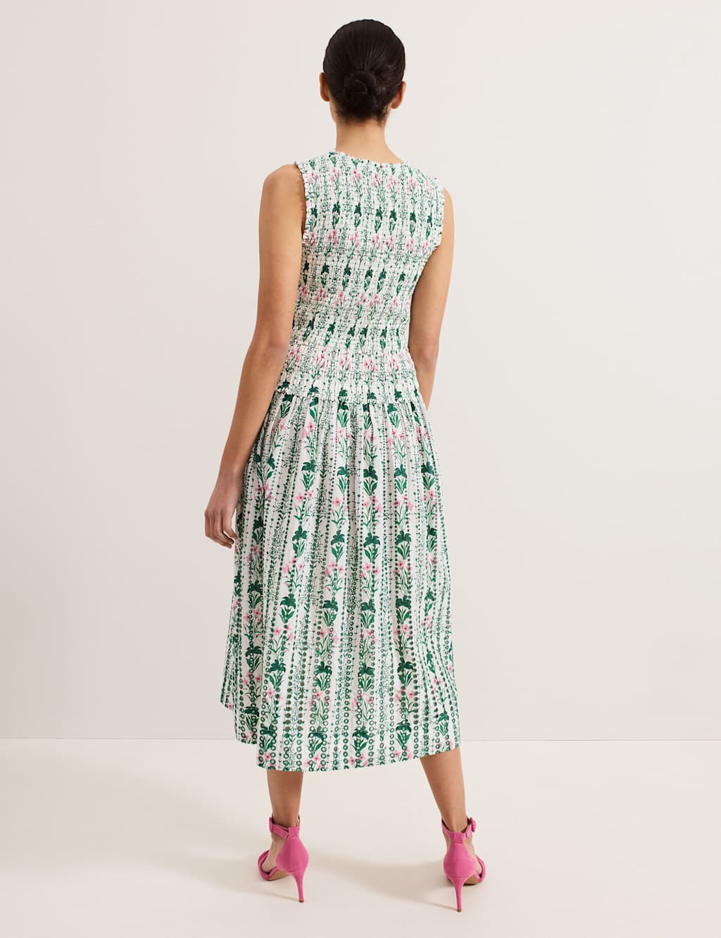 Pure Cotton Floral Shirred Midi Dress 6 of 7