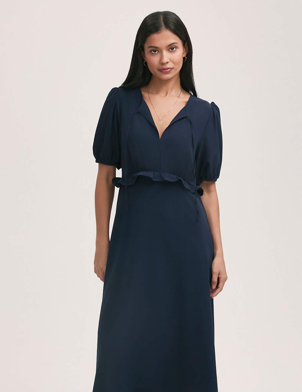 Crepe Tie Neck Frill Detail Midi Tea Dress 3 of 5